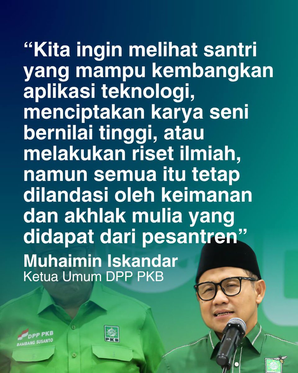 PKB <a href="/DPP_PKB/">DPP PKB</a> <a href="/cakimiNOW/">A Muhaimin Iskandar</a> dorong transformasi pesantren: Santri masa depan harus bisa bikin aplikasi, ciptakan karya seni, dan riset ilmiah—tanpa meninggalkan iman dan akhlak pesantren. Inilah wajah baru pesantren yang membumi dan mendunia! 📱🎨🔬
#PKB #Voiceofpkb