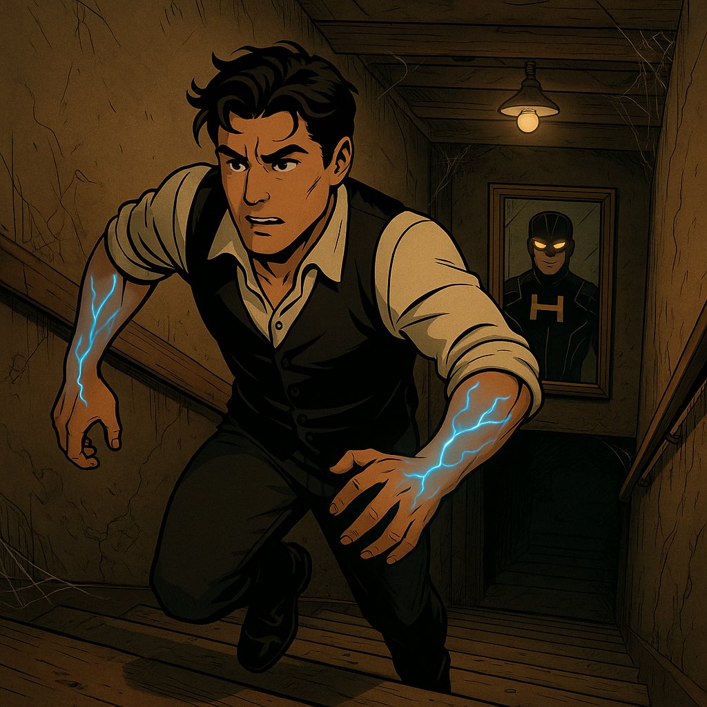 Chapter 3: Pulse of the Unknown
"Heart pounding, Harvey followed, boots echoing as he descended, leaping a gap in the broken steps to his father’s old corner desk – a hideout where he’d once worked on secret projects, safe from Hedera City’s prying eyes and ears"