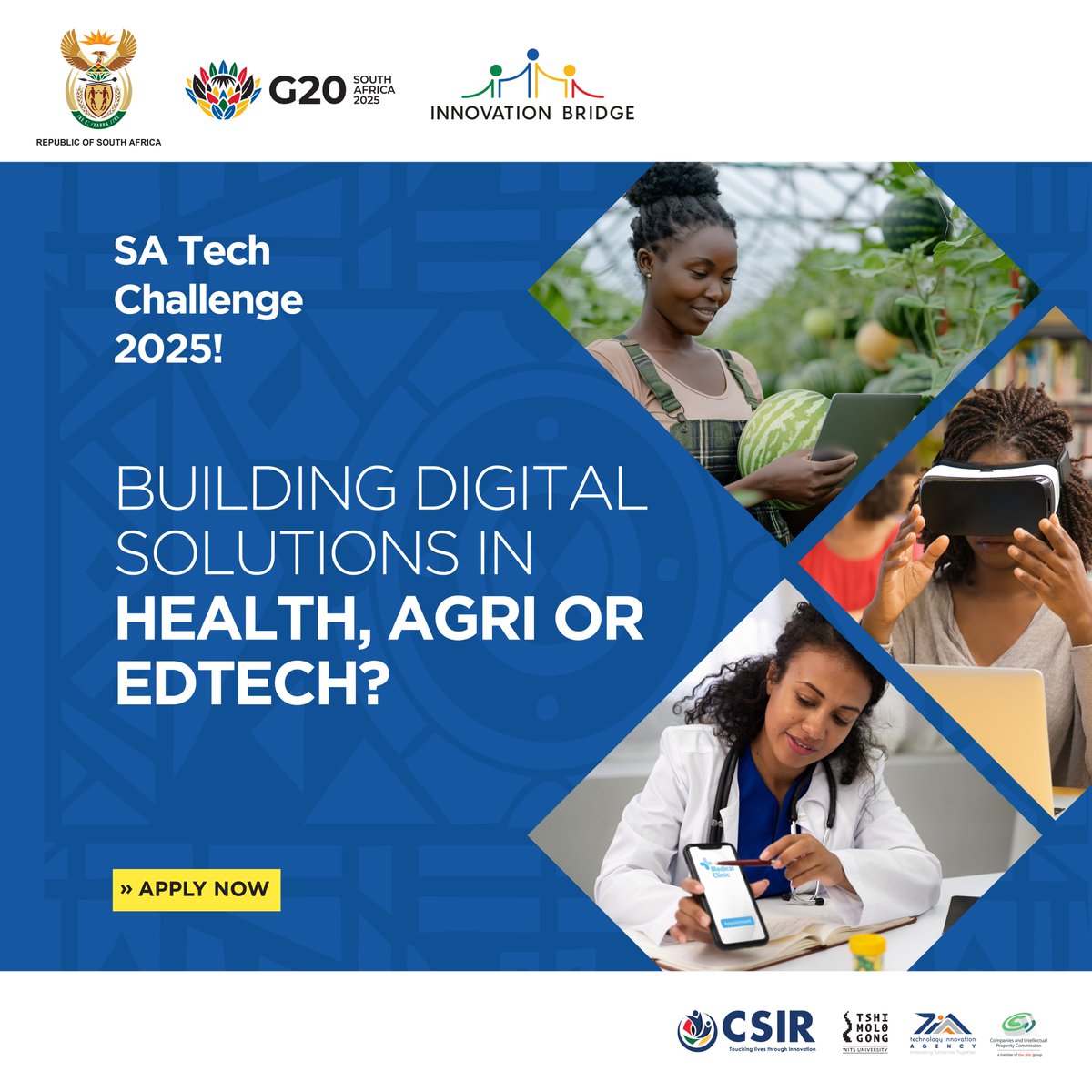 bridge_portal's tweet image. Building digital solutions in health, agri or edtech? Apply now for the #SATechChallenge2025 under Innovations for Development.
Deadline: 30 June 2025
satechchallenge.co.za
#AgriTech #EdTech #HealthTech #TechForGood #SAInnovation #digitaltransformationnow