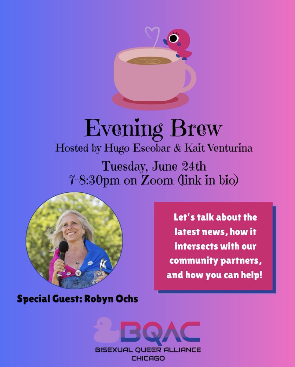 So excited to join BQAC's Evening Brew tonight as their guest speaker! I'll be diving into Bi+ History and how important ALL of our queer history is, and I look forward to connecting with the BQAC community. 
Learn more about BQAC and find the Zoom link at bqachicago.org/?fbclid=PAZXh0…