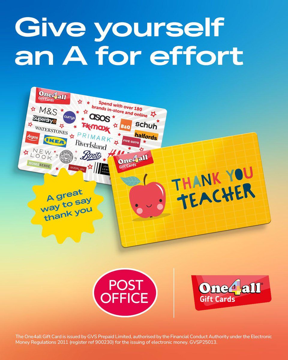 StoneCrossPO's tweet photo. A perfect thank you gift 🍎. Say Thank You Teacher with a One4all Gift Card, they can spend directly in-store and online with 100s of retailers on 1000s of brands. https://t.co/b6MiOJWTTz
