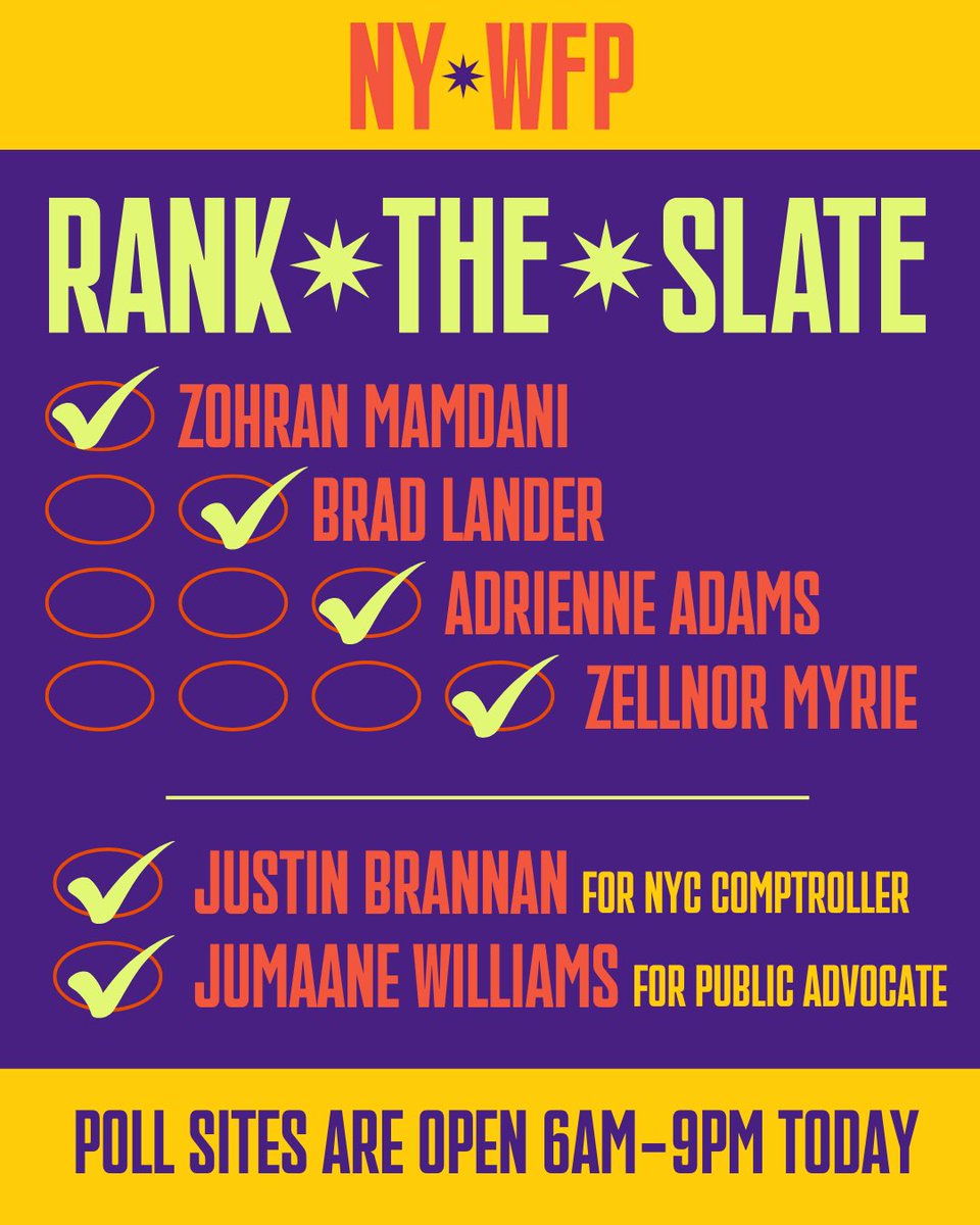 NYWFP's tweet photo. RANK THE SLATE + DON’T RANK CUOMO ⬇️
1. @ZohranKMamdani 
2. @bradlander 
3. @AdrienneEAdams 
4. @zellnor4ny 

+ @JumaaneWilliams for Public Advocate &amp; @JustinBrannan for Comptroller. Find the WFP champions on your ballot by texting ‘ENDORSED’ to 30403💥 https://t.co/uclzEwi6NT
