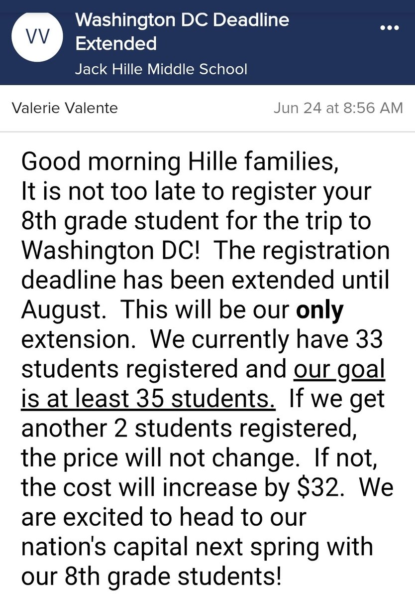 Incoming 8th graders
Your trip details:
Destination: Washington, DC
Dates: April 14-16, 2026
All Inclusive Price: $1,629

Trip ID: B346

EZ Pay: Available (free)
MyTour Fund webpage: Included (free)
Payment Protection Program:  Optional 
secure.schooltoursofamerica.com/registration/
