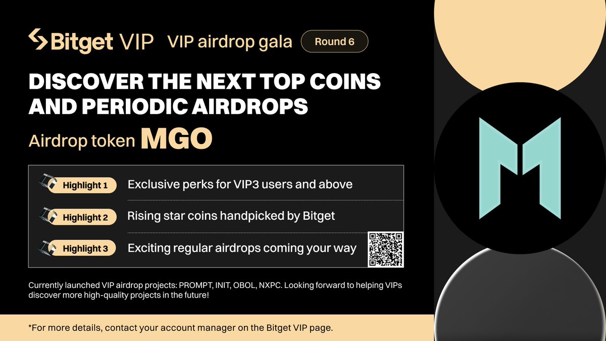 BitgetVIPs's tweet photo. ๐Premium VIP Airdrop Gala Round 6 is LIVE! ๐
This roundโs reward: 1,500,000 $MGO (A-level token) ๐ฐ
๐๏ธ June 24โ27 (UTC+8)
๐ Join Now:https://t.co/4Tojkzd3SB
๐ Discover top new tokens with regular airdrops & nonstop surprises!
๐ Powered by #MangoNetwork โ a next-gen cross-chain infra for Web3, AI, RWA, DeFi & more.
#BitgetBuilders #Airdrop #Crypto #Web3 #MGOListBitget #BitgetVIP