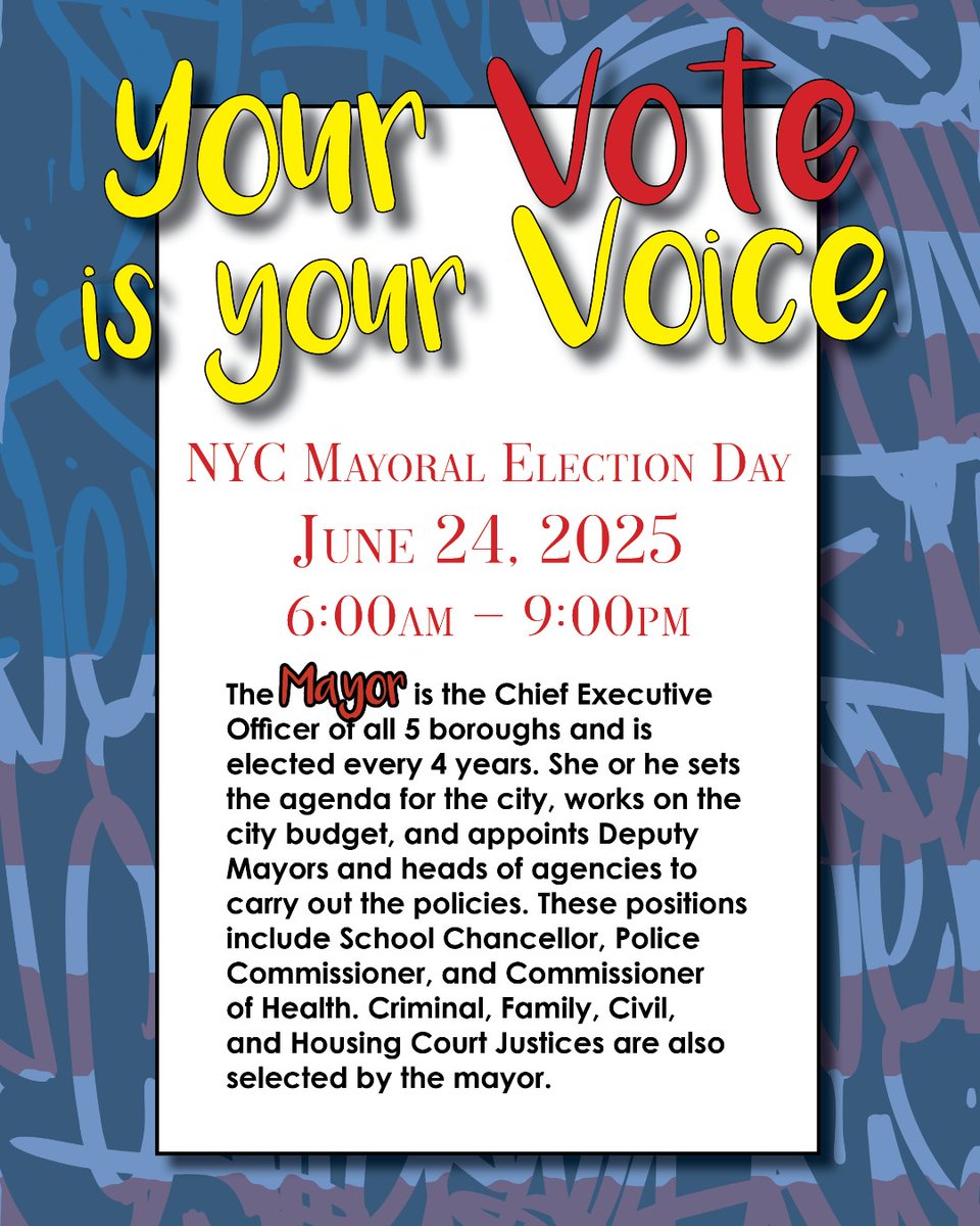 ChildrensVllg's tweet image. 🗳️ NYC — Your voice matters!
The mayor sets the course for our city’s future — from schools to safety, health, housing, and more. Make your voice heard.
Find your Pollsite: childrensvillage.org/yourvote/
#VoteNYC #NYCMayoralElection #YourVoteYourVoice