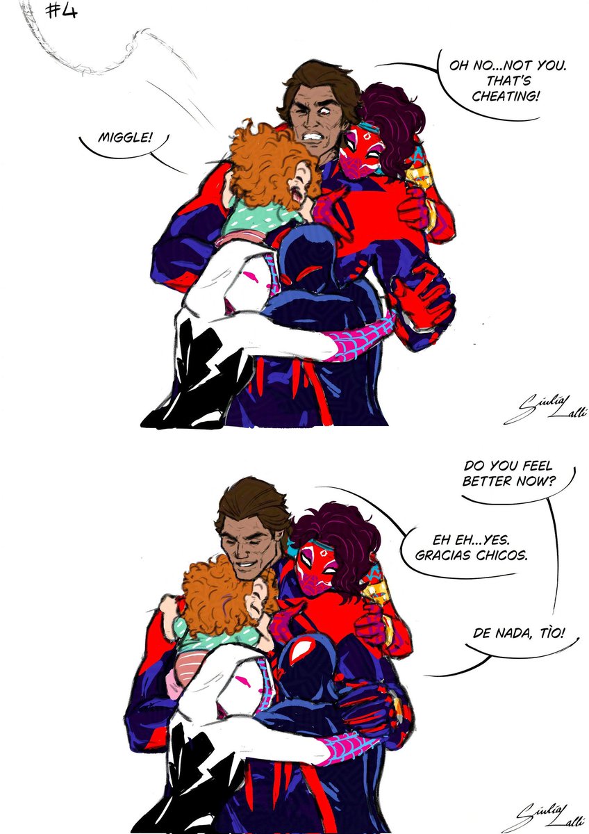 "My man needs many hugs from the Spiderlings!"..this scenario won't never happen between them, but a fangirl can dream! 

#MiguelOHara #spiderman2099 #milesmorales #GwenStacy #pavitrprabhakar #maydayparker #ATSV #SpiderVerse #beyondthespiderverse #SpiderMan #fanart #Marvel #hugs