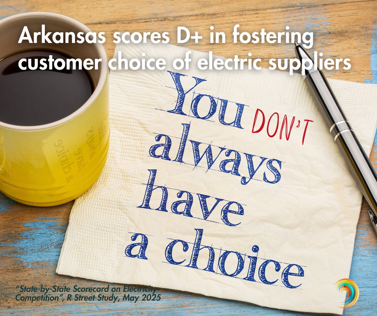 ArkAdvEnergy's tweet image. A new study graded all 50 states on retail electricity competition - Arkansas scored a D+. With stronger data access, public outreach, and consumer tools, Arkansas could level up &amp;gt;&amp;gt; rstreet.org/wp-content/upl…