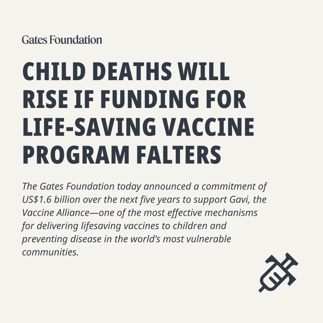 Chris Elias (@chrisjelias) on Twitter photo I've seen firsthand how vaccines transform lives. They protect children from disease, give families peace of mind, and help communities thrive.
That’s why I’m proud that the <a href="/gatesfoundation/">Gates Foundation</a> is committing US$1.6 billion to <a href="/gavi/">Gavi, the Vaccine Alliance</a>'s next chapter.
gatesfoundation.org/ideas/media-ce… I've seen firsthand how vaccines transform lives. They protect children from disease, give families peace of mind, and help communities thrive.
That’s why I’m proud that the <a href="/gatesfoundation/">Gates Foundation</a> is committing US$1.6 billion to <a href="/gavi/">Gavi, the Vaccine Alliance</a>'s next chapter.
gatesfoundation.org/ideas/media-ce…