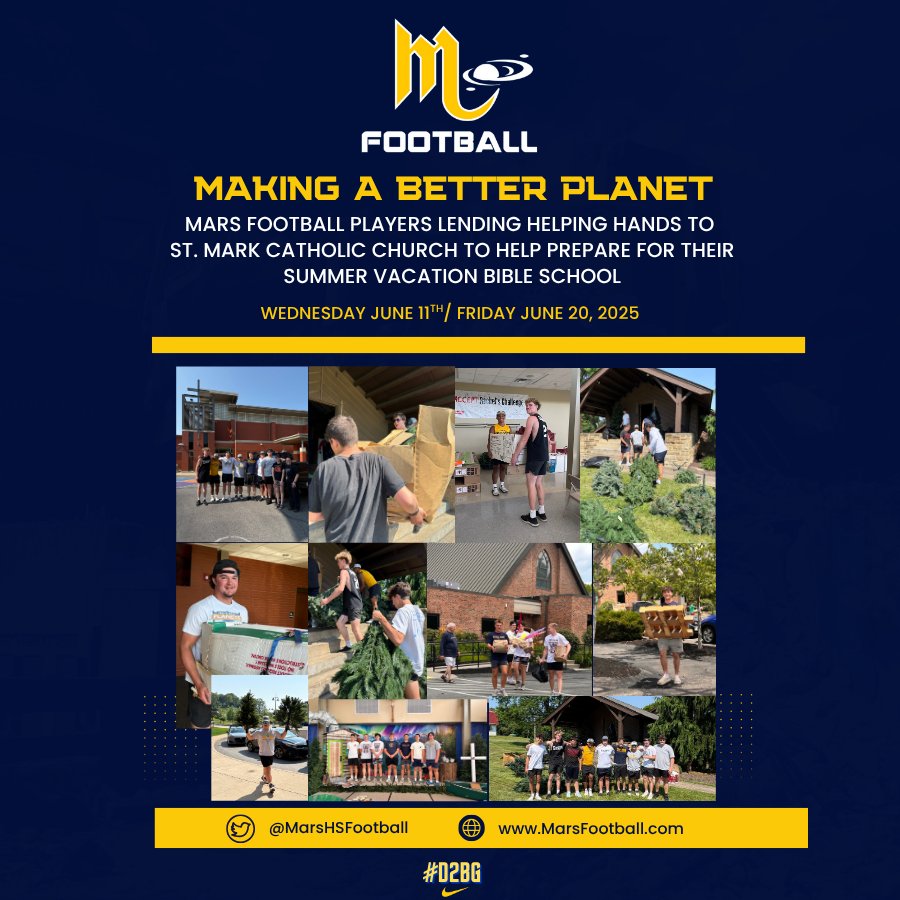 What is community without service?

Our boys helped St. Mark Catholic Church prepare for their summer vacation bible school.

#MakingABetterPlanet

#D2BG 👽🏈💪
<a href="/MarsAreaSD/">Mars Area SD</a> <a href="/MASDFP/">Mars Area Athletic Department</a>