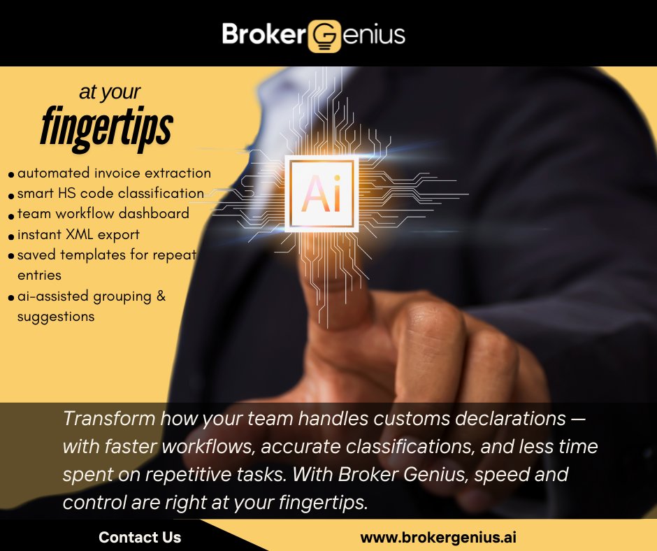 BrokerGenius's tweet image. From invoice to XML, Broker Genius puts AI tools at your fingertips:
✅ Smart HS codes
✅ Invoice extraction
✅ Team dashboards
✅ ASYCUDA export
🚀 brokergenius.ai
#CaribbeanTech #BrokerGenius #CustomsAutomation