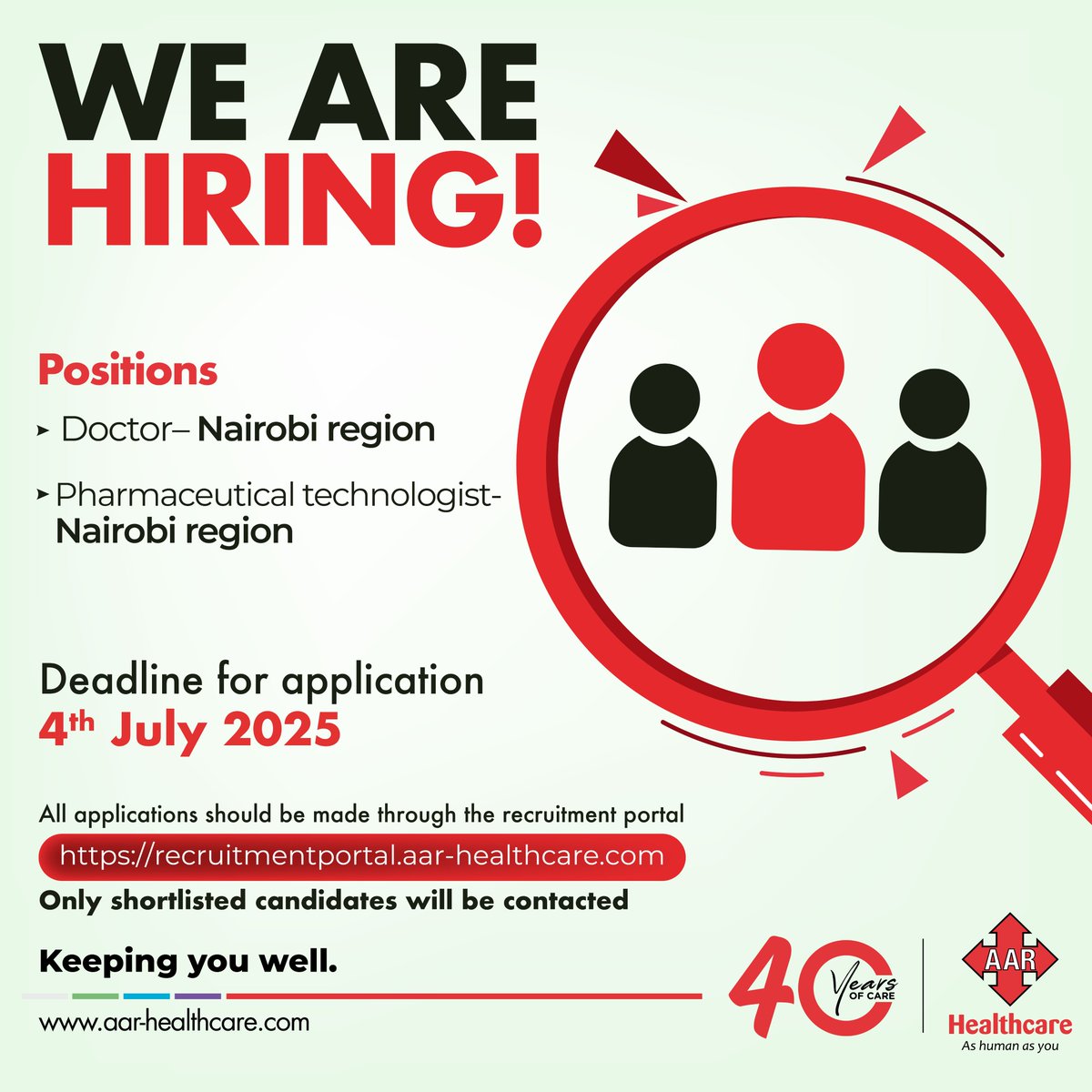 We are recruiting Doctors and Pharmaceutical Technologists for the Nairobi region.

Apply by 4th July 2025 via lnkd.in/dfKpj6wS

#AARHealthcare #IkoKaziKe #AsHumanAsYou