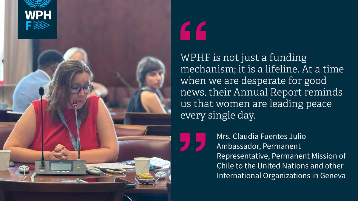 Women's Peace & Humanitarian Fund (@wphfund) on Twitter photo "Women don’t just survive crises: they mediate, repair & respond with courage & creativity. And in #Chile, we believe peace is impossible without gender equality," said <a href="/Cfuentesjulio/">Claudia Fuentes Julio</a> of <a href="/ChileONUGinebra/">Chile 🇨🇱 en Ginebra</a>.
"We are proud to stand with <a href="/wphfund/">Women's Peace & Humanitarian Fund</a>, but there's much more to be done." "Women don’t just survive crises: they mediate, repair & respond with courage & creativity. And in #Chile, we believe peace is impossible without gender equality," said <a href="/Cfuentesjulio/">Claudia Fuentes Julio</a> of <a href="/ChileONUGinebra/">Chile 🇨🇱 en Ginebra</a>.
"We are proud to stand with <a href="/wphfund/">Women's Peace & Humanitarian Fund</a>, but there's much more to be done."