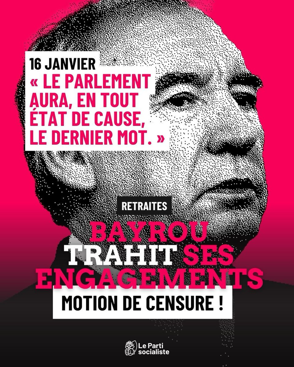 🔴 F. #Bayrou vient d'annoncer qu'il ne donnerait pas le dernier mot au Parlement sur la question des retraites suite à l'échec du conclave des partenaires sociaux. C'est une trahison majeure de ses engagements. 

Nous déposerons donc une #MotionDeCensure contre son Gouvernement.