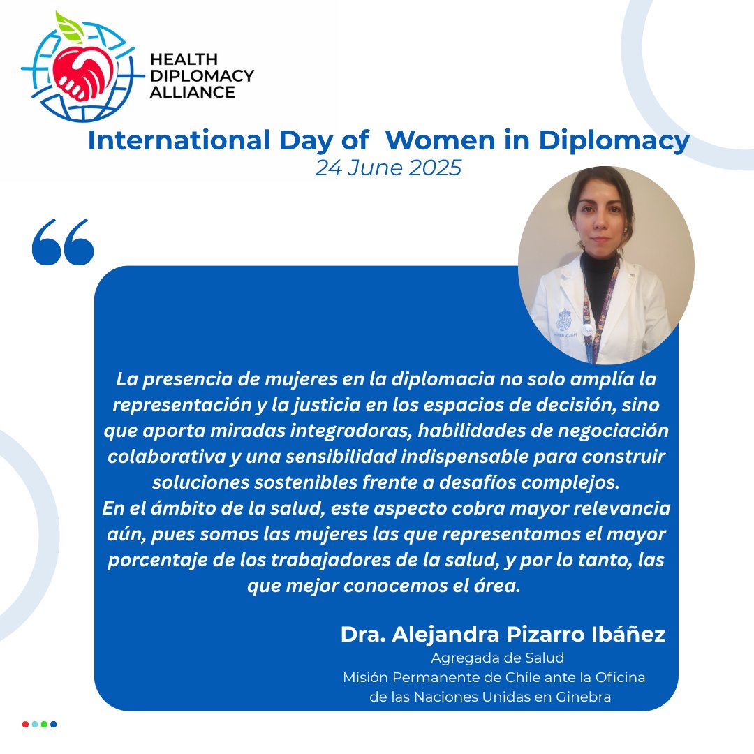 Health Diplomacy Alliance (@healthdiploa) on Twitter photo En este DĂa Internacional de la Mujer en la Diplomacia, la Dra. Alejandra Pizarro Ibáñez, Agregada de Salud en la MisiĂłn Permanente de Chile ante la ONUG, contribuye destacando la pertinencia y el papel crucial de las mujeres en la diplomacia en salud.
<a href="/ChileONUGinebra/">Chile 🇨🇱 en Ginebra</a> En este DĂa Internacional de la Mujer en la Diplomacia, la Dra. Alejandra Pizarro Ibáñez, Agregada de Salud en la MisiĂłn Permanente de Chile ante la ONUG, contribuye destacando la pertinencia y el papel crucial de las mujeres en la diplomacia en salud.
<a href="/ChileONUGinebra/">Chile 🇨🇱 en Ginebra</a>