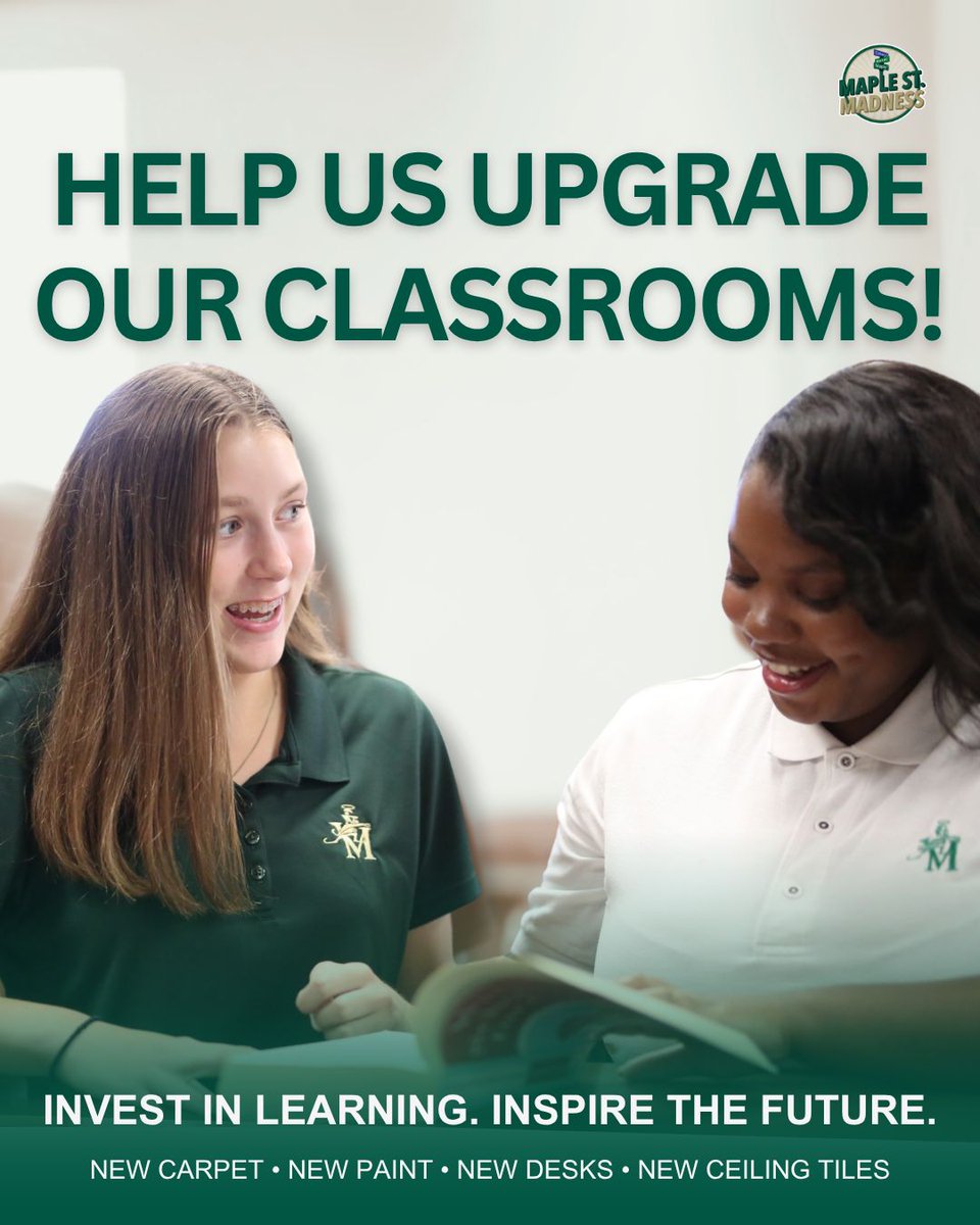 Final week to make your mark!
Help transform STVM classrooms with new carpet, paint, ceiling tiles &amp; desks.

🏆 $8K+ = Name a classroom
🎉 Top % = Class tailgate on 9/5

Every gift counts—let’s finish strong! ☘️
🔗 buff.ly/2abxx0S
#MapleStMadness #IrishPride #STVMFamily