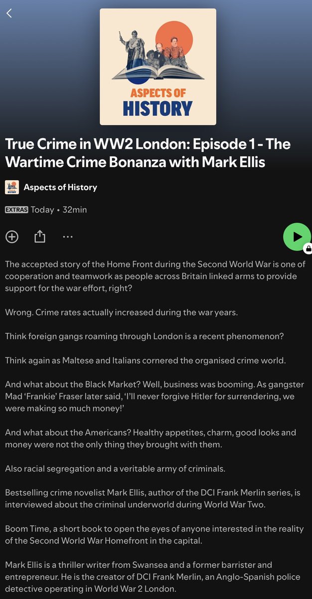 MarkEllis15's tweet photo. My @AspectsHistory podcast on #TrueCrime in #WW2 London is now available on @Spotify etc. Also available in book form as #BoomTime.
‘With a novelist’s eye for telling detail Ellis brings the secret and often sordid history of WW2 Britain to light’ Top historian @philmcraig 
Link⬇️