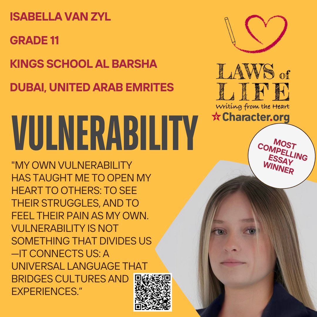 CharacterDotOrg's tweet image. How can you turn a weakness into a strength? Follow the QR Code to learn how Isabella used her vulnerability to grow in her "Most Compelling Essay!"
#characterdevelopment #characterdotorg #growyourcharacter #empoweringkids #values