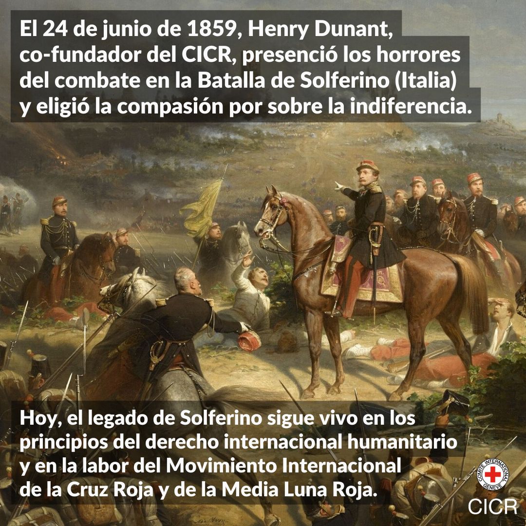 CICR_es's tweet photo. Un 24 de junio, pero de 1859, Henry Dunant presenció los horrores de la batalla en Solferino.

Esto lo inspiró a proponer un tratado para la atención de soldados heridos y para apoyar los servicios médicos militares.
En 1863, cofundó el Comité Internacional de la Cruz Roja. https://t.co/t7DnxJf6YD