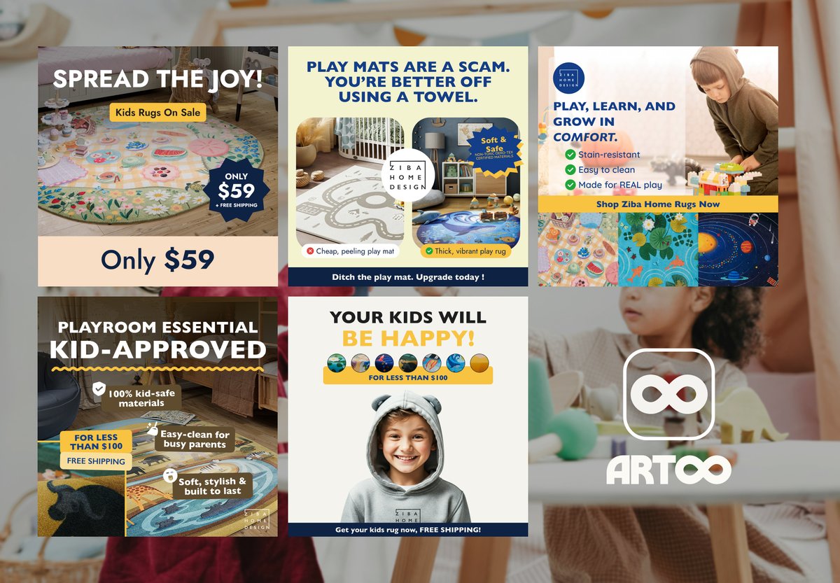 Recent static work for Ziba Home - we focused on making these bright and cheerful to stand out for parents looking for play rugs for their kids 😁