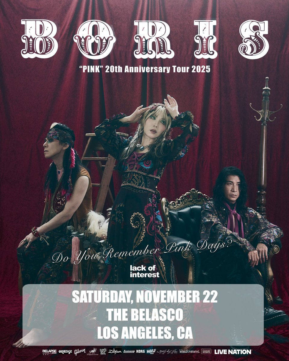 Boris returns to Los Angeles for the Pink 20th Anniversary Tour 2025 at The Belasco on Saturday, November 22 with support from Lack of Interest.

🔮 Presale starts Wed (6/25) at 10AM. Use code: TREBLE
🔮 General on sale Fri (6/27) at 10 AM.

Learn more at thebelasco.com