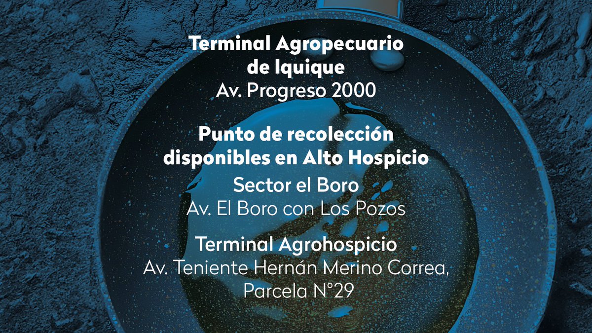 aguasaltiplano's tweet photo. ¡Recicla fácil tu aceite en #Iquique y #AltoHospicio! ♻️ Puntos de reciclaje habilitados 📍 para cuidar el agua 💦. ¡Cada gota cuenta! Encuentra el tuyo. #ReciclaElAceite #AguasDelAltiplano https://t.co/FS1OwhWhfK
