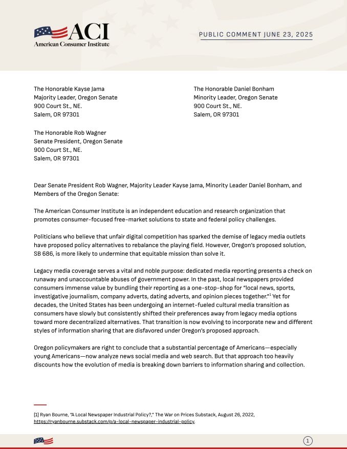 consumerpal's tweet photo. Oregon’s SB 686 aims to support local media—but it may do more harm than good. @Logan_Kolas wrote a letter to the Oregon Senate explaining how this bill could undermine fair digital competition. Read more 👇 #orleg #SB686 #consumersfirst https://t.co/9uypzuIq6u