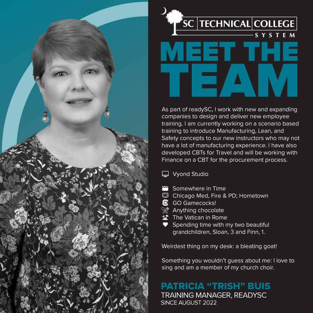 It’s our people who set us apart. Meet the talented team ensuring affordable, accessible, and relevant career and technical education for all South Carolinians!

Presenting readySC Training Manager, Patricia "Trish" Buis.

#MeetTheTeam #AffordableAccessibleRelevant