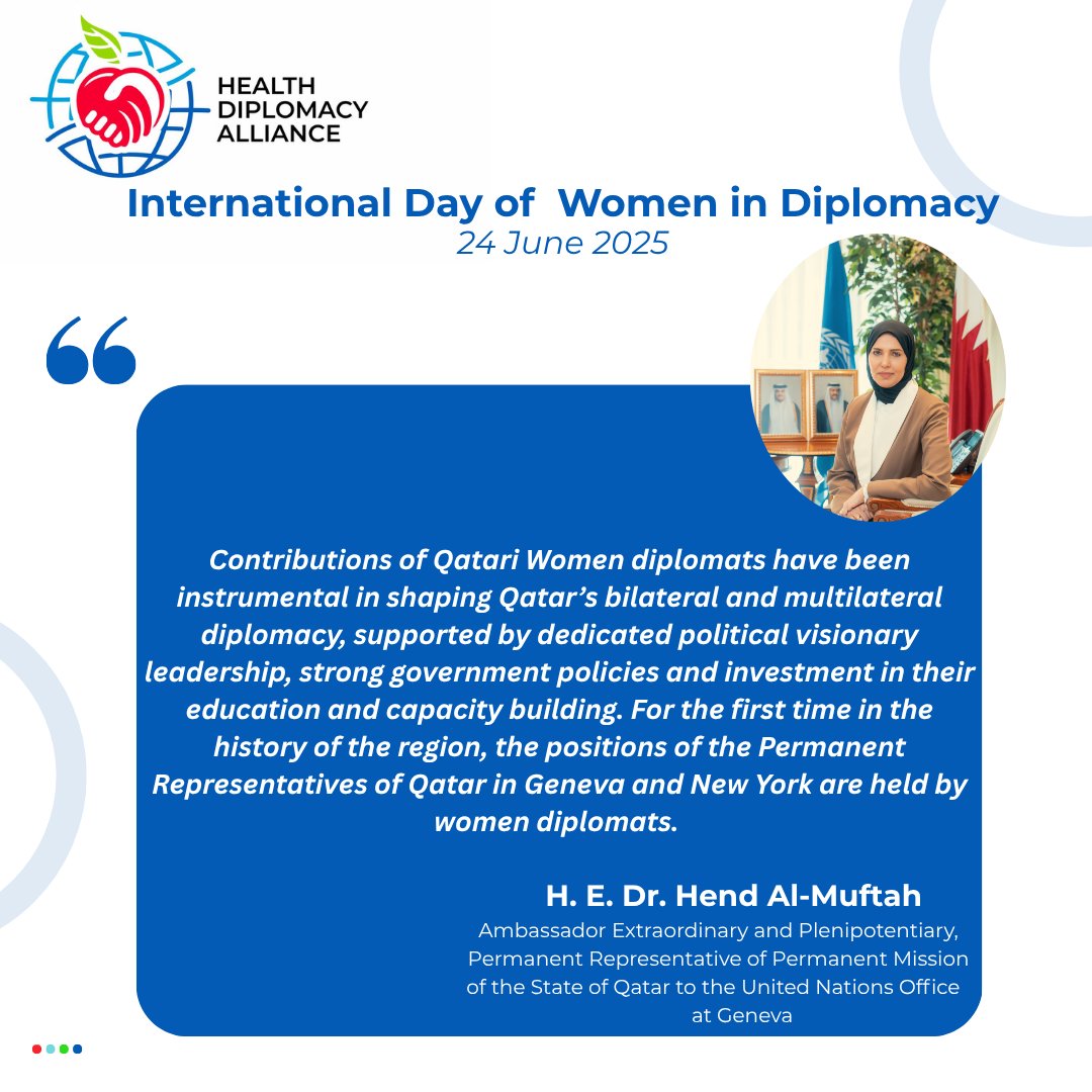 Health Diplomacy Alliance (@healthdiploa) on Twitter photo H. E. Dr. Hend Al-Muftah, Ambassador Extraordinary and Plenipotentiary, Permanent Representative of Permanent Mission of the State of Qatar to the UNOG contributes by underscoring the significance of women and their high-ranking positions in Qatar's diplomacy.
<a href="/QatarMission_Ge/">Qatar Mission Geneva</a> H. E. Dr. Hend Al-Muftah, Ambassador Extraordinary and Plenipotentiary, Permanent Representative of Permanent Mission of the State of Qatar to the UNOG contributes by underscoring the significance of women and their high-ranking positions in Qatar's diplomacy.
<a href="/QatarMission_Ge/">Qatar Mission Geneva</a>