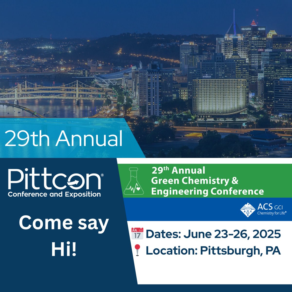 We're thrilled to be visiting the ACS 29th Annual Green Chemistry &amp; Engineering Conference this June! Come to the conference and you may even find us exploring the expo floor! 
📅Dates: June 23-26, 2025
📍Location: Pittsburgh, PA
Learn more:gcande.org
 #ACS #Pittcon
