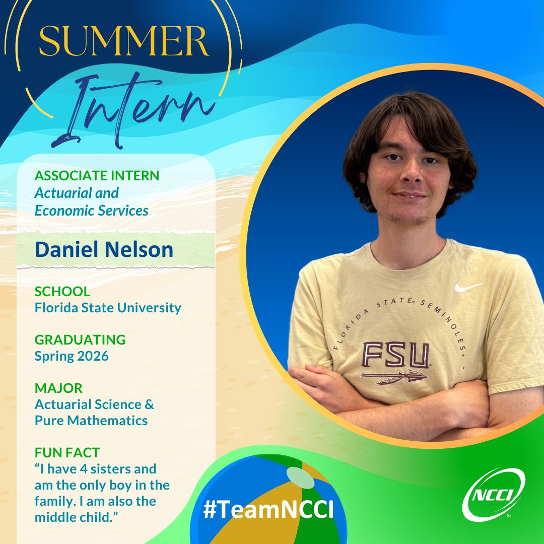 📣 Meet Our Summer Intern Daniel Nelson, who joins the Actuarial &amp; Economic Services team, bringing analytical skills and Seminole pride from Florida State Univ.! We’re excited to have him dive into the rewarding field of #workerscomp with #teamNCCI. jobs.ncci.com