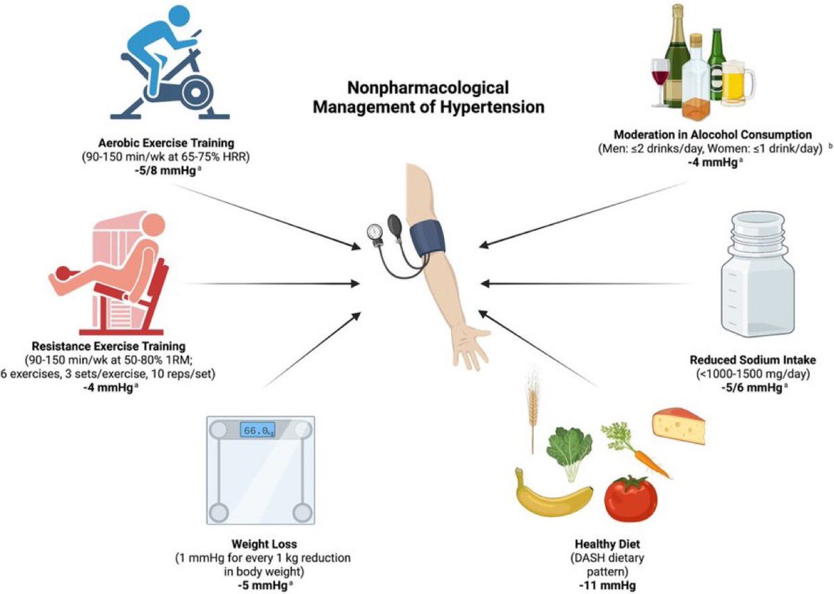 Antelm Pujol, M.D. (@antelmpujol) on Twitter photo 🚨5 ESTRATEGIAS PARA REDUCIR LA HIPERTENSIÓN ARTERIAL SIN PASTILLAS 
🥗 Dieta saludable: -11 mmHg
💪 Ejercicios de fuerza: -10/11 mmHg
🧘♂️ Reducir estrés: -6/7 mmHg
🏃♂️ Ejercicio cardiovascular: -5/6 mmHg
⚖️ Perder 1kg de peso corporal: -5 mmHg 🚨5 ESTRATEGIAS PARA REDUCIR LA HIPERTENSIÓN ARTERIAL SIN PASTILLAS 
🥗 Dieta saludable: -11 mmHg
💪 Ejercicios de fuerza: -10/11 mmHg
🧘♂️ Reducir estrés: -6/7 mmHg
🏃♂️ Ejercicio cardiovascular: -5/6 mmHg
⚖️ Perder 1kg de peso corporal: -5 mmHg