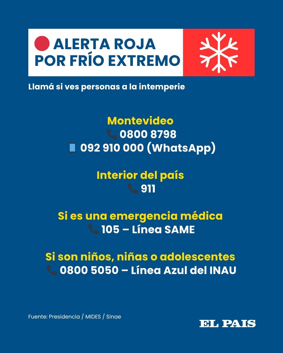 🔴 El gobierno activó una alerta roja por frío extremo en todo el país. Si ves personas durmiendo en la calle o a la intemperie, podés salvarles la vida llamando a estos números ⬇️

☎️ 0800 8798 / 📱 092 910 000 (Montevideo)
☎️ 911 (Interior del país)
☎️ 105 si se necesita