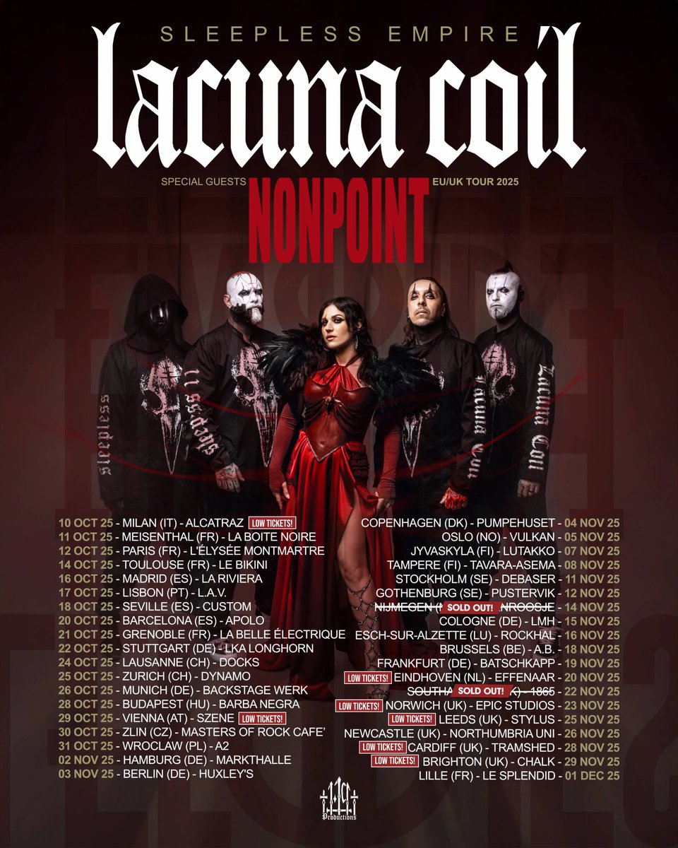 lacuna_coil's tweet image. EU/UK, Welcome to our Sleepless Empire 🔥 A couple shows have sold out already, some are running low. 

Don&apos;t sleep on tickets, get yours 👉 lacunacoil.com/#tours