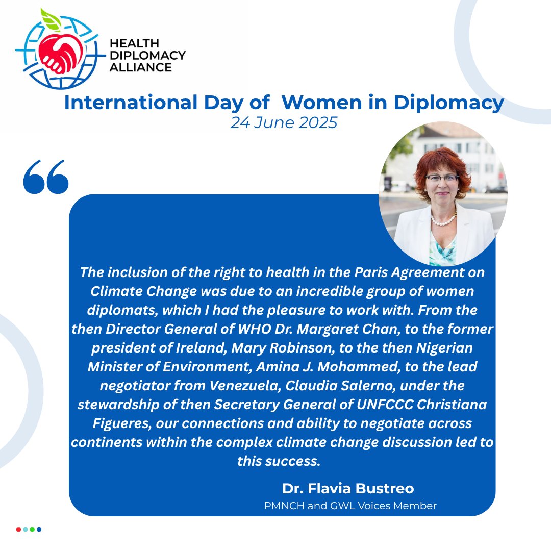 Health Diplomacy Alliance (@healthdiploa) on Twitter photo On this International Day of Women in Diplomacy, Dr. Flavia Bustreo, PMNCH and GWL Voices Member contributes by emphasizing the significant role of Women in diplomacy, especially in the Paris Agreement on climate change.
<a href="/GWLvoices/">GWL Voices</a> <a href="/FlaviaBustreo/">Dr Flavia Bustreo</a> <a href="/FondationBotnar/">Fondation Botnar</a> On this International Day of Women in Diplomacy, Dr. Flavia Bustreo, PMNCH and GWL Voices Member contributes by emphasizing the significant role of Women in diplomacy, especially in the Paris Agreement on climate change.
<a href="/GWLvoices/">GWL Voices</a> <a href="/FlaviaBustreo/">Dr Flavia Bustreo</a> <a href="/FondationBotnar/">Fondation Botnar</a>