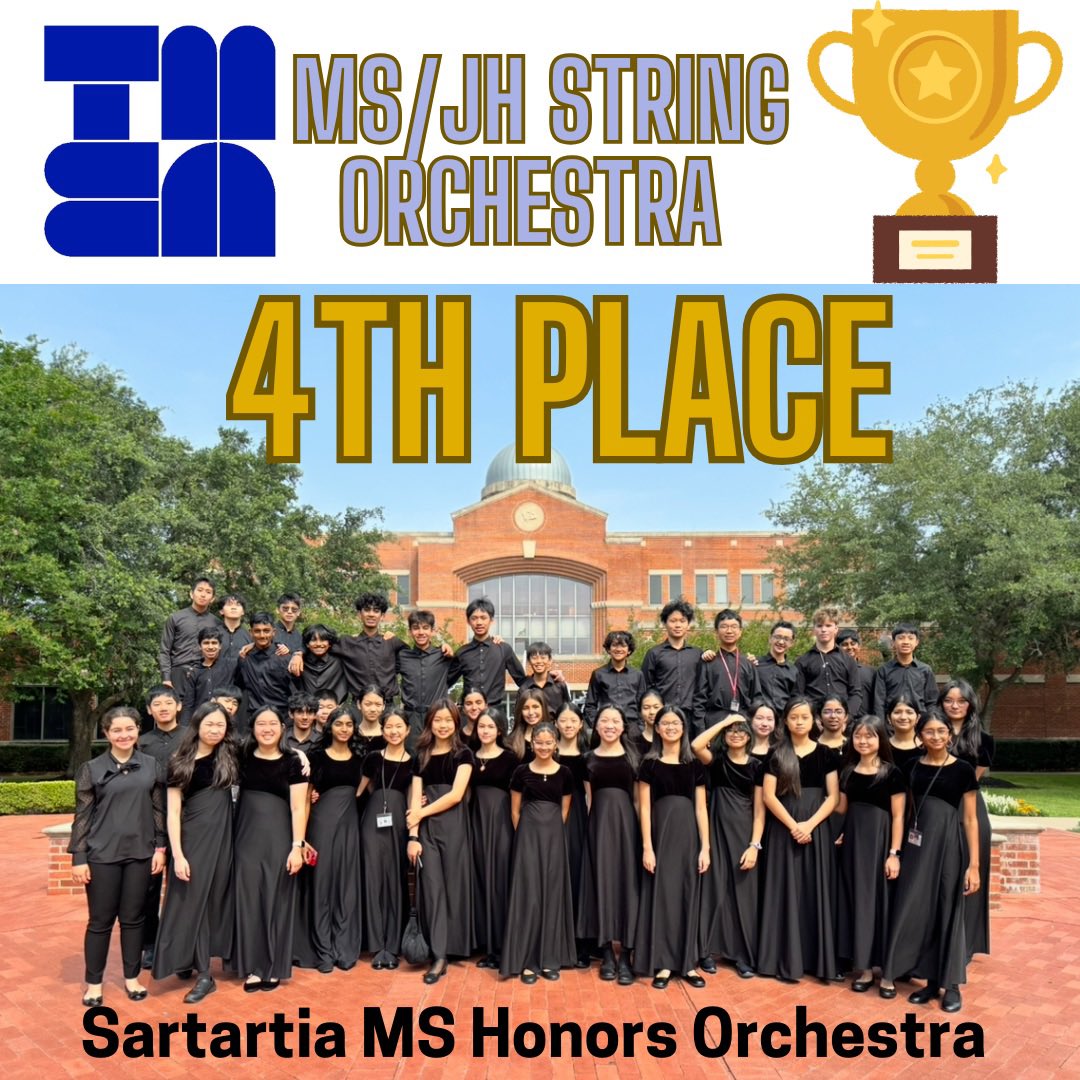 🎻🏆 What a performance!

The Sartartia MS Honors Orchestra placed 4th in the state at the TMEA MS/JH String Orchestra Finals! A true testament to the passion, precision, and perseverance of our amazing students and directors. 💛👏

Proud doesn’t even begin to cover it.
