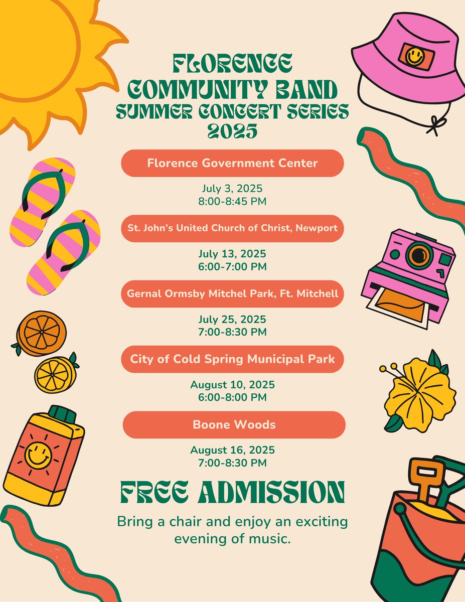 🎶 Spend a summer evening with the Florence Community Band! They’re playing 5 FREE concerts this season — bring a chair, sit back &amp; enjoy the music! 
🎆 Catch them next at our Independence Day Celebration on July 3!
#FlorenceKY #FreeConcerts #SummerVibes #FlorenceCommunityBand