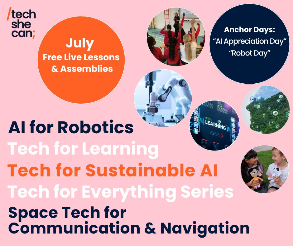 Tech_She_Can's tweet image. Planning Careers Week, Enrichment Week, or just need virtual lessons for the end of term? Join our LIVE sessions.
💫 Space Tech for Communication & Navigation
📱 Technology for Everything
🌍AI for Sustainability
🎓 Tech for Learning
🤖 AI for Robotics
👉 techshecan.org/live-assemblies
