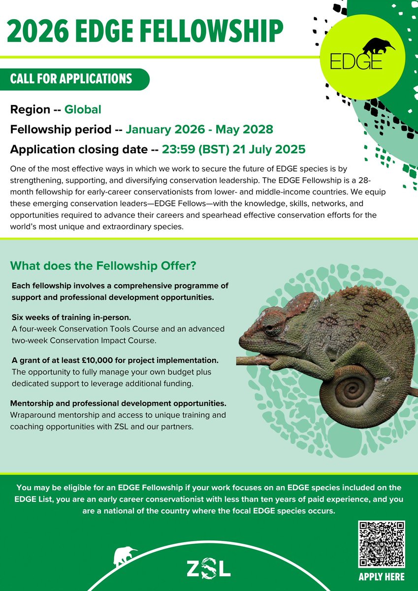 bgci's tweet image. Applications are now open for the 2026 - 2028 EDGE Fellowship — a 28-month fellowship supporting early-career conservationists working to safeguard Evolutionarily Distinct and Globally Endangered (EDGE) species. 

Key deadline: 23:59 BST on 21 July 2025.