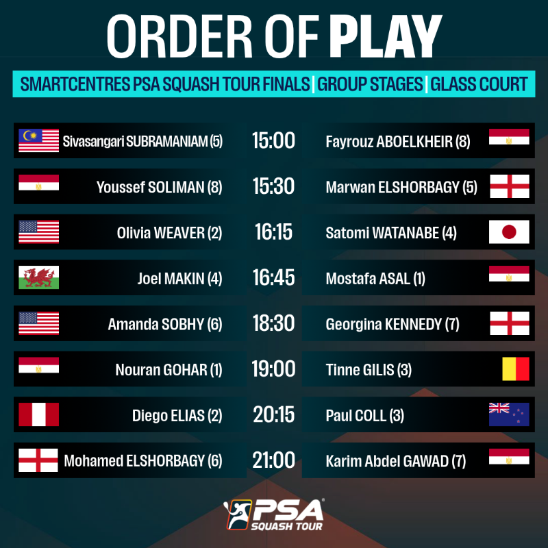 PSASquashTour's tweet photo. Day 2️⃣ of the PSA Squash Tour Finals coming 🆙

Who can aid their quests to qualify for the semi-finals? 🤔

⏰ 15:00 (GMT-4)
📺 @SquashTV 

Preview &amp; how to watch live 👇