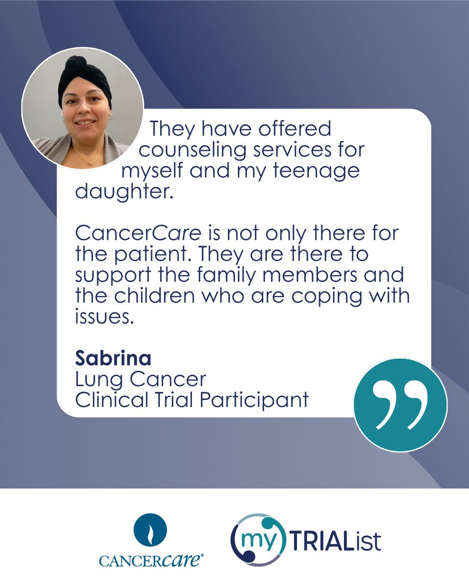 myTRIAList's tweet image. While she was coping with cancer treatment, Sabrina connected with @CancerCare, which extended emotional and practical support to her family as well. Visit mytrialist.org/trial-talk/sab… to learn more about what helped Sabrina during her participation in a clinical trial.