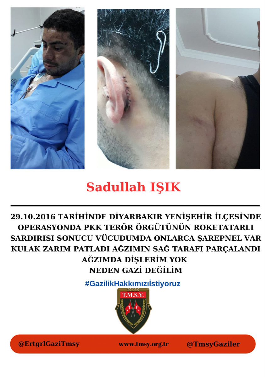 Tmsy aytekin baser (@aytekinbaser69) on Twitter photo <a href="/drbetulsayan/">Dr.Betül Sayan Kaya 🇹🇷</a> Vatan,Bayrak ve Millet uğruna terörle mücadelede yaralanmış fakat Gazilik onurları verilmemiş <a href="/TmsyGaziler/">T.M.S.Y GAZİ SAYILMAYANLAR</a> haklarını ne zaman verilecek
#GazilikHakkımızıİstiyoruz
<a href="/RTErdogan/">Recep Tayyip Erdoğan</a>
<a href="/_cevdetyilmaz/">Cevdet Yılmaz</a>
<a href="/MahinurOzdemir/">Mahinur Özdemir Göktaş</a>
<a href="/hulusiakarmedya/">Hulusi AKAR</a>
<a href="/celebimehmeta/">Mehmet Ali Çelebi</a>
<a href="/kocakkonuralp/">Konur Alp Koçak</a>
<a href="/SayimMadak/">Dr. Sevim Sayım Madak 🇹🇷</a>
<a href="/dtcuneytaldemir/">Dt. Cüneyt Aldemir 🇹🇷</a> <a href="/drbetulsayan/">Dr.Betül Sayan Kaya 🇹🇷</a> Vatan,Bayrak ve Millet uğruna terörle mücadelede yaralanmış fakat Gazilik onurları verilmemiş <a href="/TmsyGaziler/">T.M.S.Y GAZİ SAYILMAYANLAR</a> haklarını ne zaman verilecek
#GazilikHakkımızıİstiyoruz
<a href="/RTErdogan/">Recep Tayyip Erdoğan</a>
<a href="/_cevdetyilmaz/">Cevdet Yılmaz</a>
<a href="/MahinurOzdemir/">Mahinur Özdemir Göktaş</a>
<a href="/hulusiakarmedya/">Hulusi AKAR</a>
<a href="/celebimehmeta/">Mehmet Ali Çelebi</a>
<a href="/kocakkonuralp/">Konur Alp Koçak</a>
<a href="/SayimMadak/">Dr. Sevim Sayım Madak 🇹🇷</a>
<a href="/dtcuneytaldemir/">Dt. Cüneyt Aldemir 🇹🇷</a>