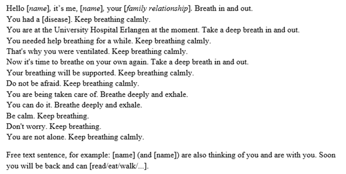 In a pilot RCT with 45 ICU patients with severe brain injuries and MV&gt;48h, recorded family voices supporting weaning trials ("breath in and out", "you can do it") vs sham led to reduced weaning time.

academic.oup.com/braincomms/art…