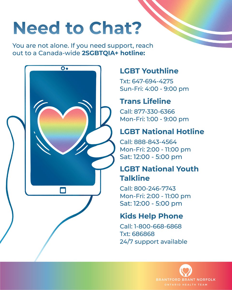 Brantford Brant Norfolk Ontario Health Team (@bbnoht) on Twitter photo Every person deserves to feel supported & safe. Contacting a confidential hotline is one way to quickly access the help you need. The hotlines listed offer Canada-wide, #2SLGBTQIA+ centered help, striving to provide affirming support to those who need it!
#oht #brant Every person deserves to feel supported & safe. Contacting a confidential hotline is one way to quickly access the help you need. The hotlines listed offer Canada-wide, #2SLGBTQIA+ centered help, striving to provide affirming support to those who need it!
#oht #brant