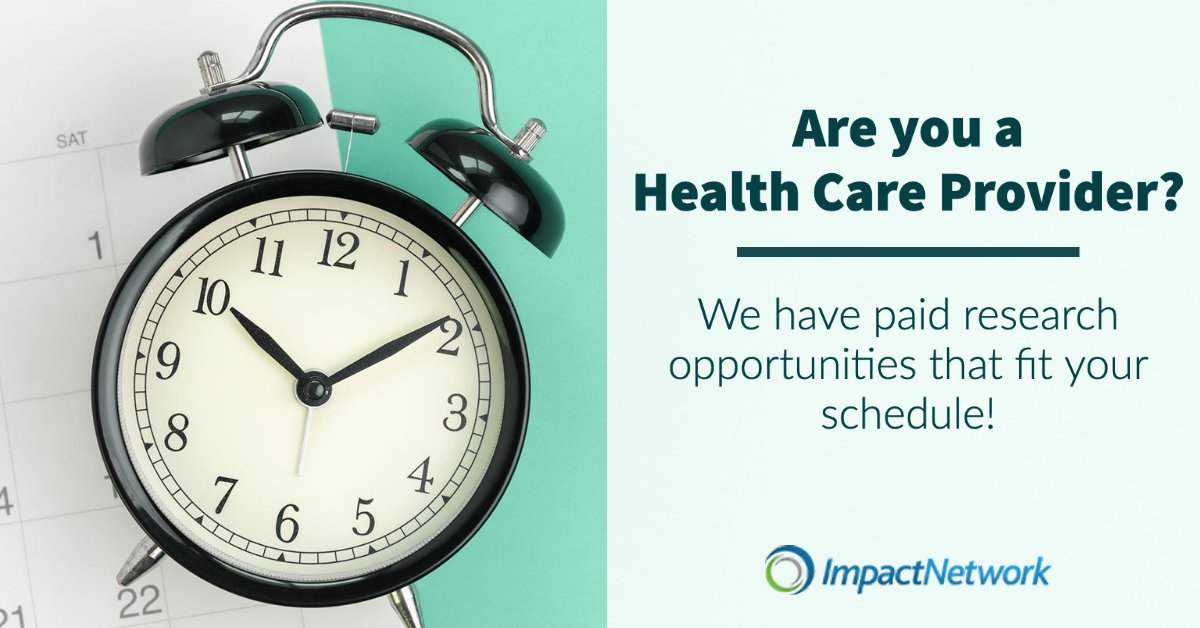 MyImpactNetwork's tweet image. Busy schedule? We've got research opportunities that work for you. As a healthcare provider, your insights are invaluable. Participate in clinically relevant research, and receive competitive honoraria for your time.  Learn more: myimpactnetwork.pages.ontraport.net/Programs