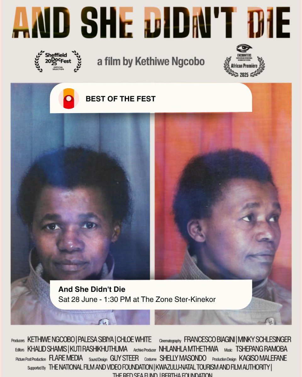 🌟 BEST OF THE FEST ANNOUNCEMENT! 🌟
Back by demand, "And She Didn’t Die"

A bold portrait of resistance, this film unpacks South Africa’s gender-based violence epidemic.

📍 Sat 28 June | 1:30 PM | The Zone
📍 Sun 29 June | 6:30 PM | Labia

#AndSheDidntDie 
#BestOfTheFest