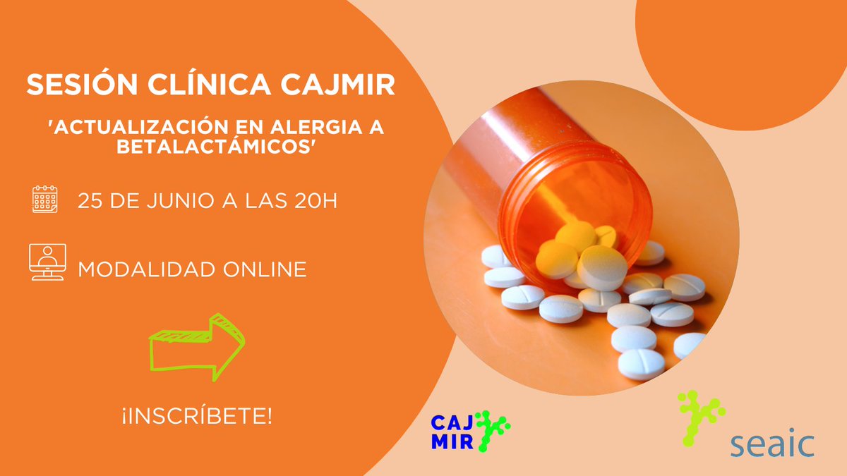 ¡No te lo pierdas! Mañana 25/06 - 20h, conéctate a la Sesión CAJMIR  

💉 'Actualización en #alergia a betalactámicos' con la Dra. Elena Villalba.  

¡No te lo pierdas!👉🏼pmsl.es/1xz

<a href="/CAJMIR_SEAIC/">CAJMIR</a>