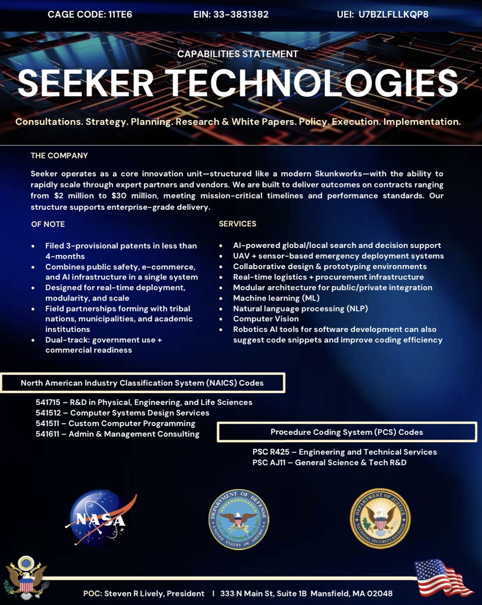 SeekerIntuity's tweet photo. SEEKER CAPABILITIES STATEMENT

Seeker Technologies- 
Email: info@seekerfd.com 
Website: https://t.co/f0shdcMCyM
SAM UEI: U7BZLFLLKQP8 
CAGE Code: 11TE6  
EIN: 33-3831382 https://t.co/FGIWeW3ia6