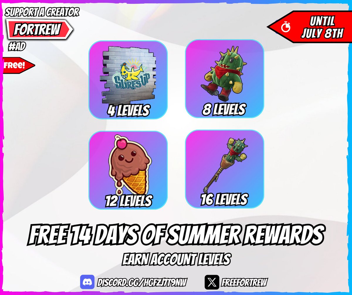 freefortrew's tweet photo. Free 14 Days of Summer Rewards

Earn Account Levels.

🏆 Rewards:
• "Surf's Up, Peelshark!" Spray (4 Levels)
• "Lil Quill" Back Bling (8 Levels)
• "Chocolate Cherry Wink" Emoticon (12 Levels)
• "Cactus Club" Pickaxe (16 Levels)

📅 Available until July 8th. https://t.co/tYVbzOUdwK