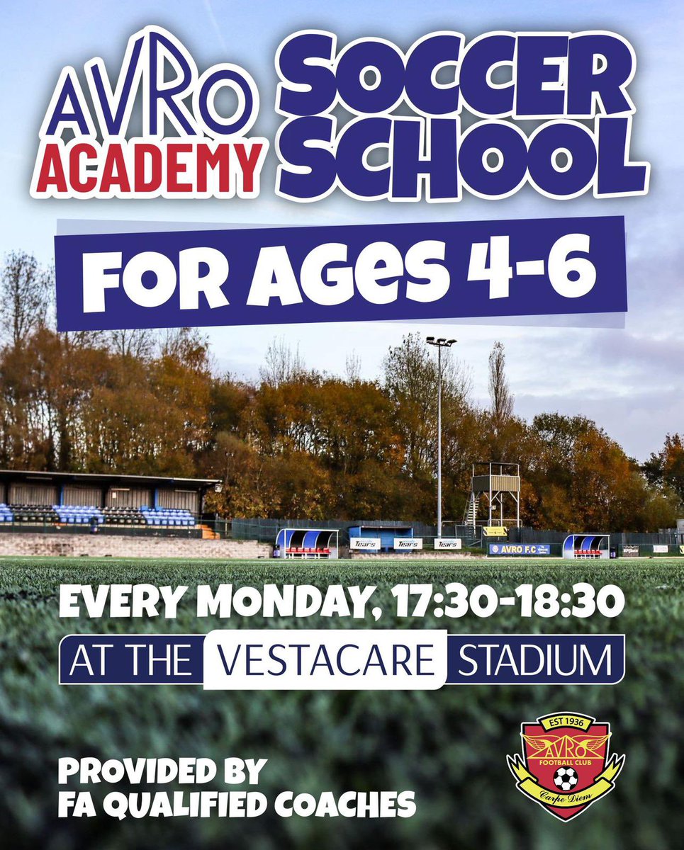 🚨 Calling all parents!
 ⚽ AVRO Academy Soccer School for ages 4–6
 🗓️ Every Monday | 🕠 17:30–18:30
 📍 Vestacare Stadium
 🎓 FA Qualified Coaches
Let’s get your little ones kicking off their football journey! #GrassrootsFootball #AvroAcademy