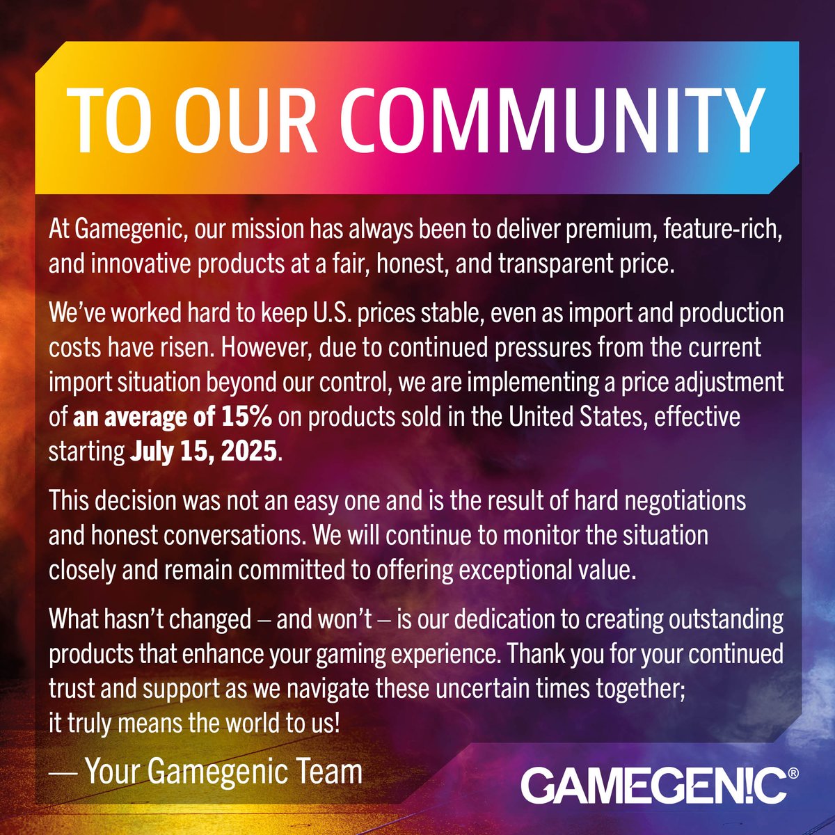 Important update from Gamegenic: U.S. price adjustment incoming. Please check the image for the full announcement and details!